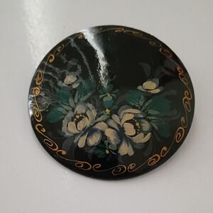 Vintage Russian Hand-Painted Floral Lacquer Brooch Traditional Russian Signed